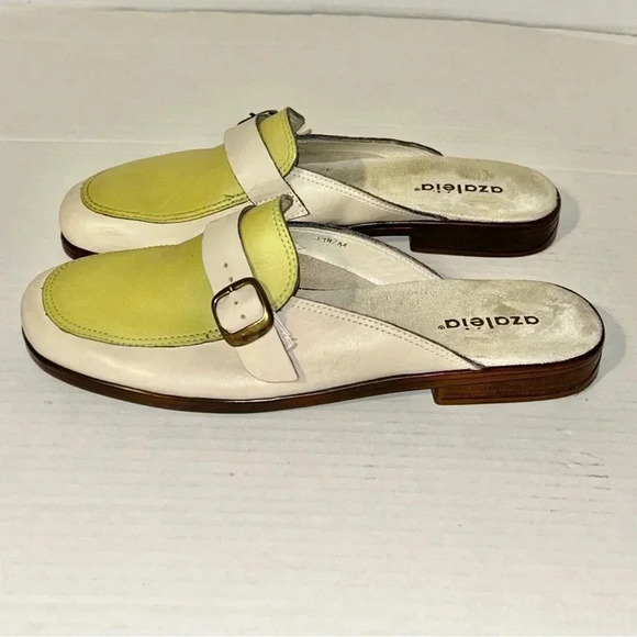 Azaléia Shoes Size 8.5 Slip On Flat Leather Upper Buckle Detaial Green Cream - Picture 3 of 11